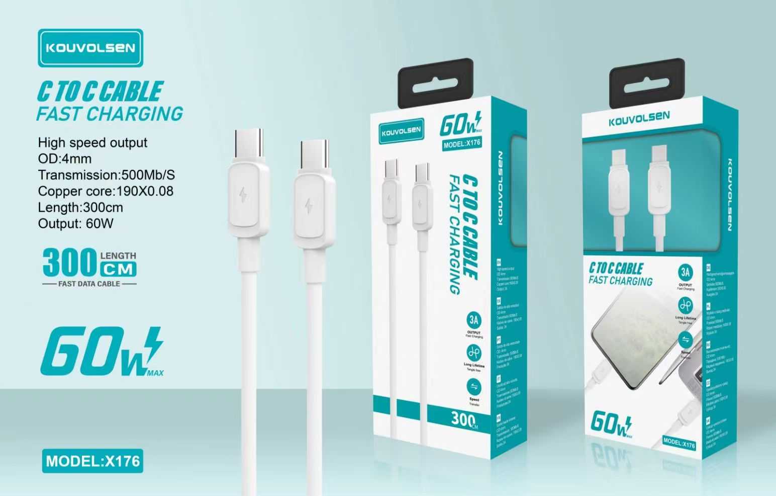 Καλώδιο φόρτισης & data - USB Type-C σε Type-C - Fast Charge - X176 - 3m - 60W - 901767 - Image 2